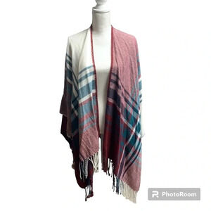 29 Palms burgundy plaid poncho/wrap one size fun fringe hem
